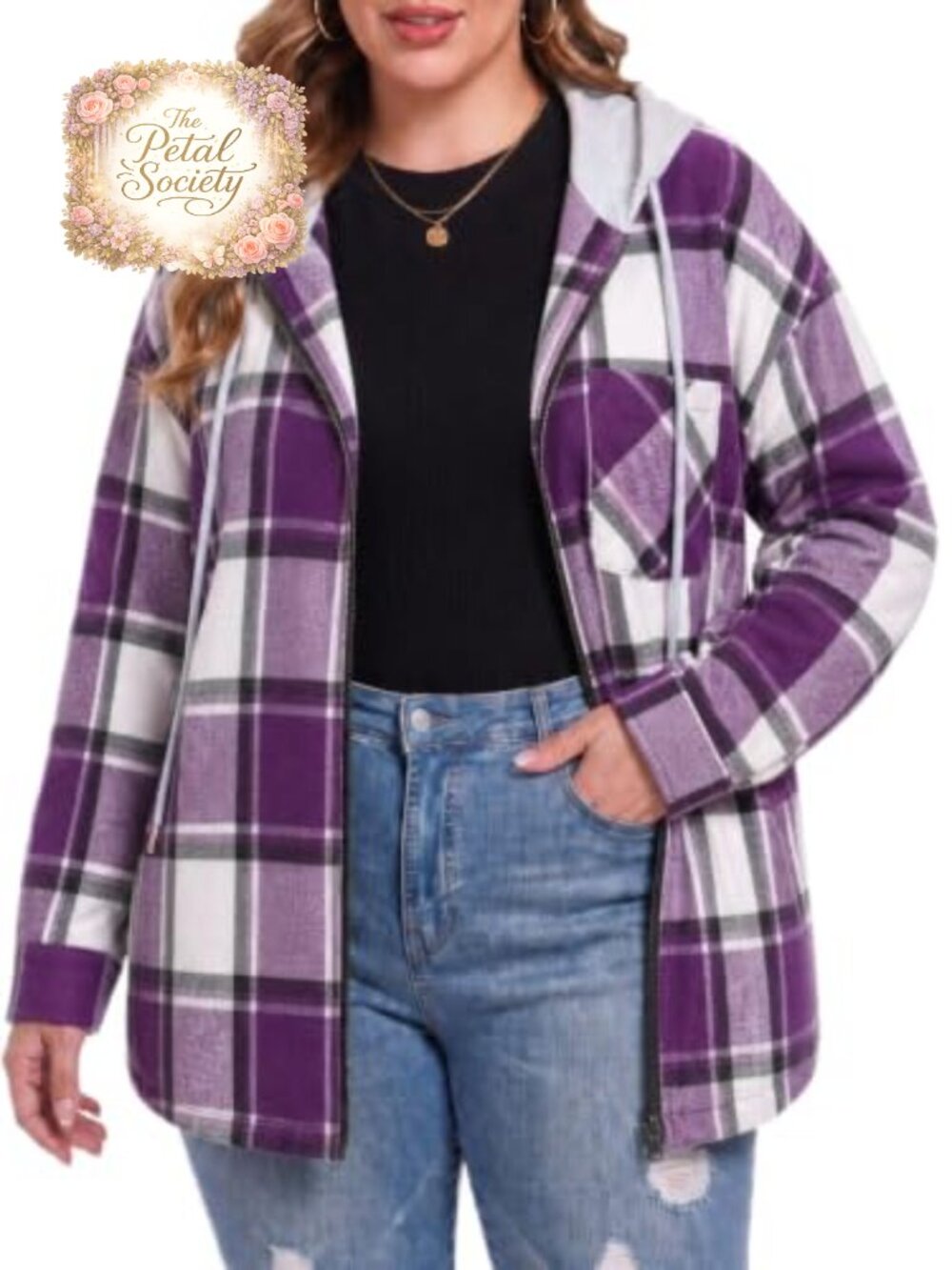 Plus Size Hooded Flannel Shacket Zip Up Plaid Casual Jacket
